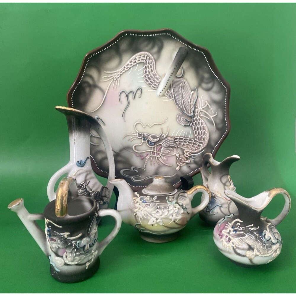 6 VTG  Moriage DRAGONWARE Dragons Mini Plate, Teapot, Water Can & Pitchers/Vases